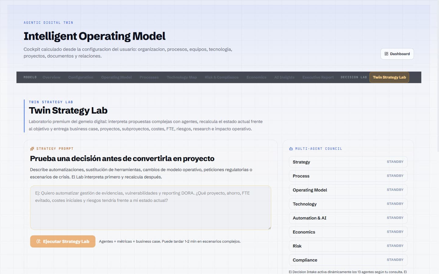 Twin Strategy Lab: prompt en lenguaje natural junto al council multiagente que evalúa el escenario.